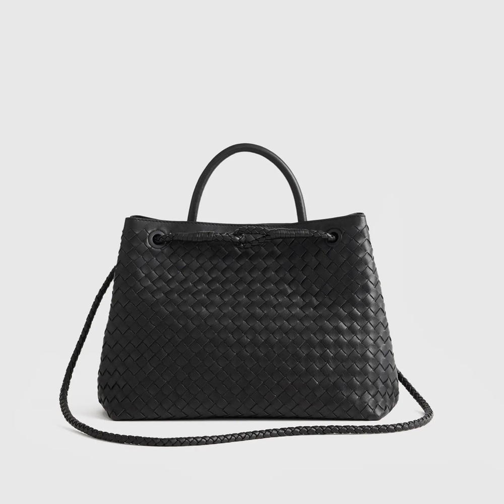 Quince Black Woven Top-Handle Tote with Braided Strap